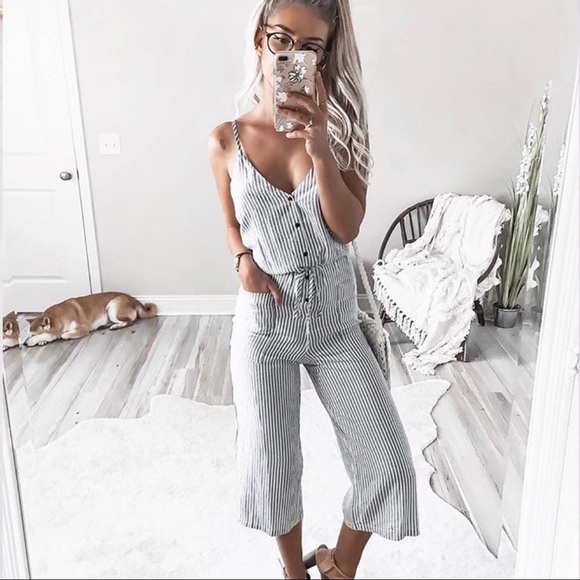 Striped Cami Jumpsuit Button Front Tie Waist - Picture 6 of 6